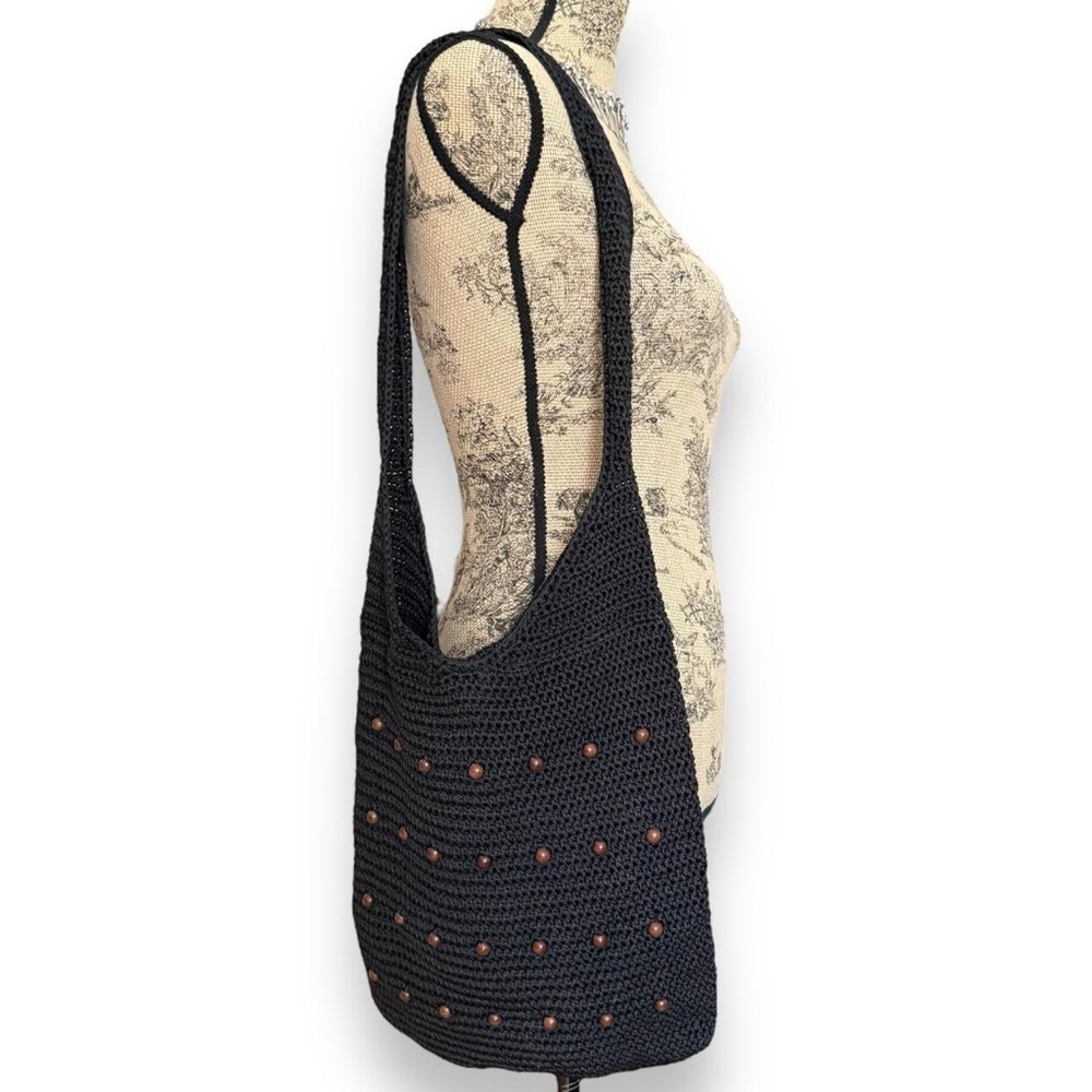 Black Crochet Shoulder Bag With Beading Details